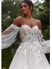 Beaded Ivory Lace Sequined Tulle Wedding Dress With Detachable Sleeves